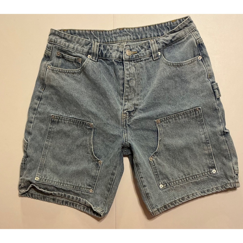 Y2K Baggy Double‎ Knee Carpenter Light Wash Jorts Blue Sz 32 Embroidered Sumwon